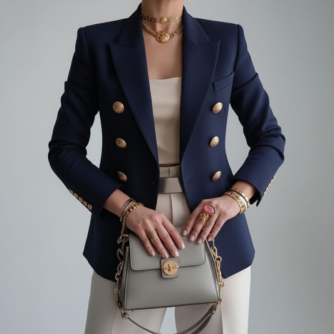 Women's fitted double-breasted blazer with notch lapels and gold-tone buttons