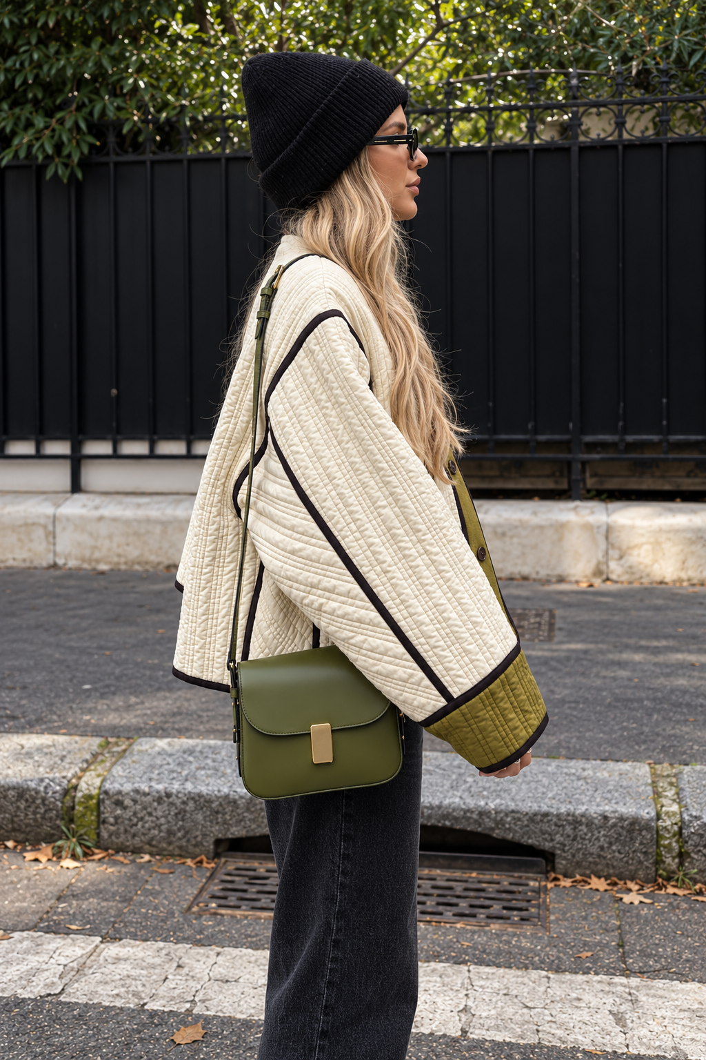 Women's cream and green vertically quilted jacket with contrast trim and button front