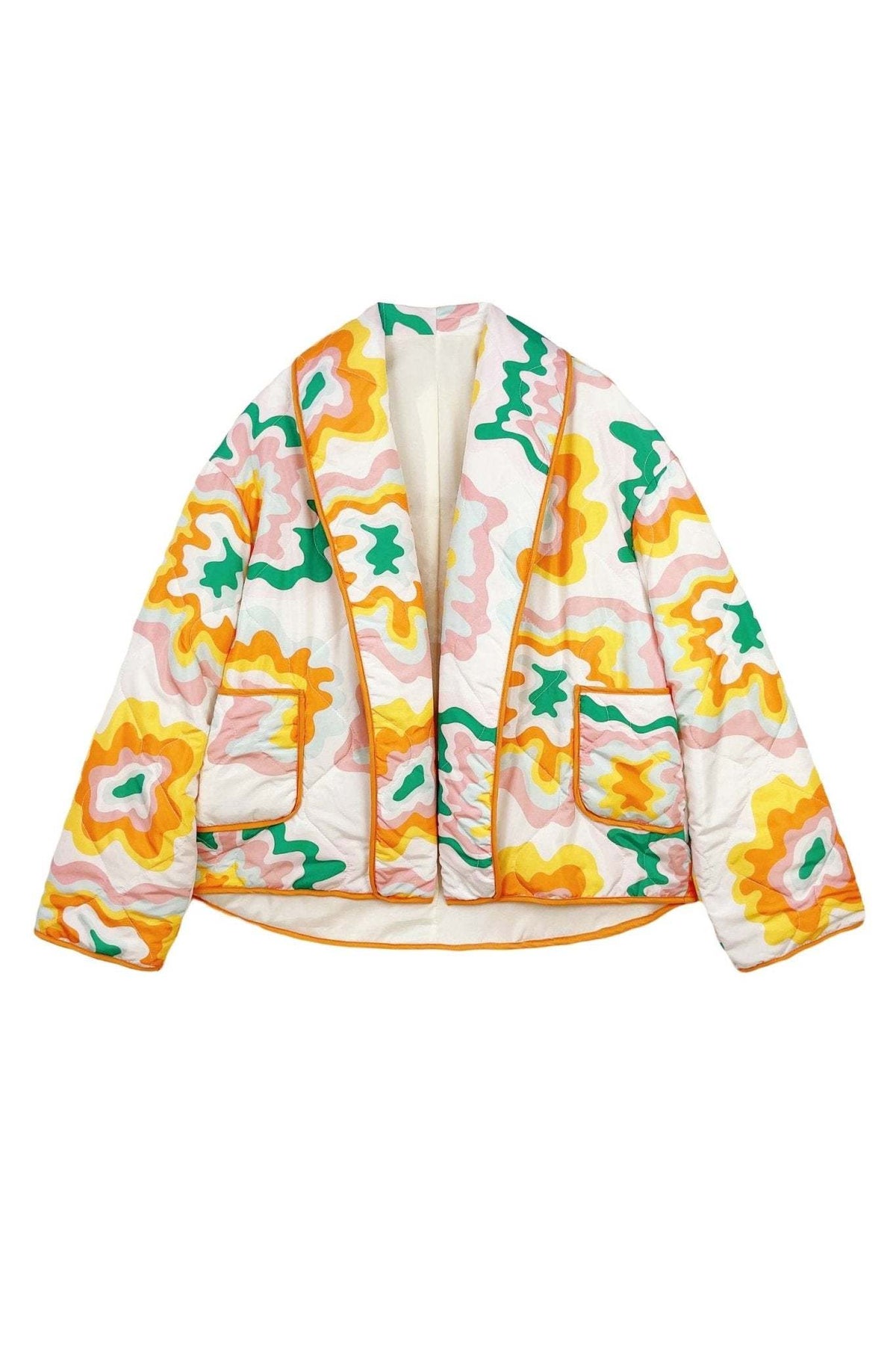 Women's multicoloured quilted floral jacket with orange edging and patch pockets