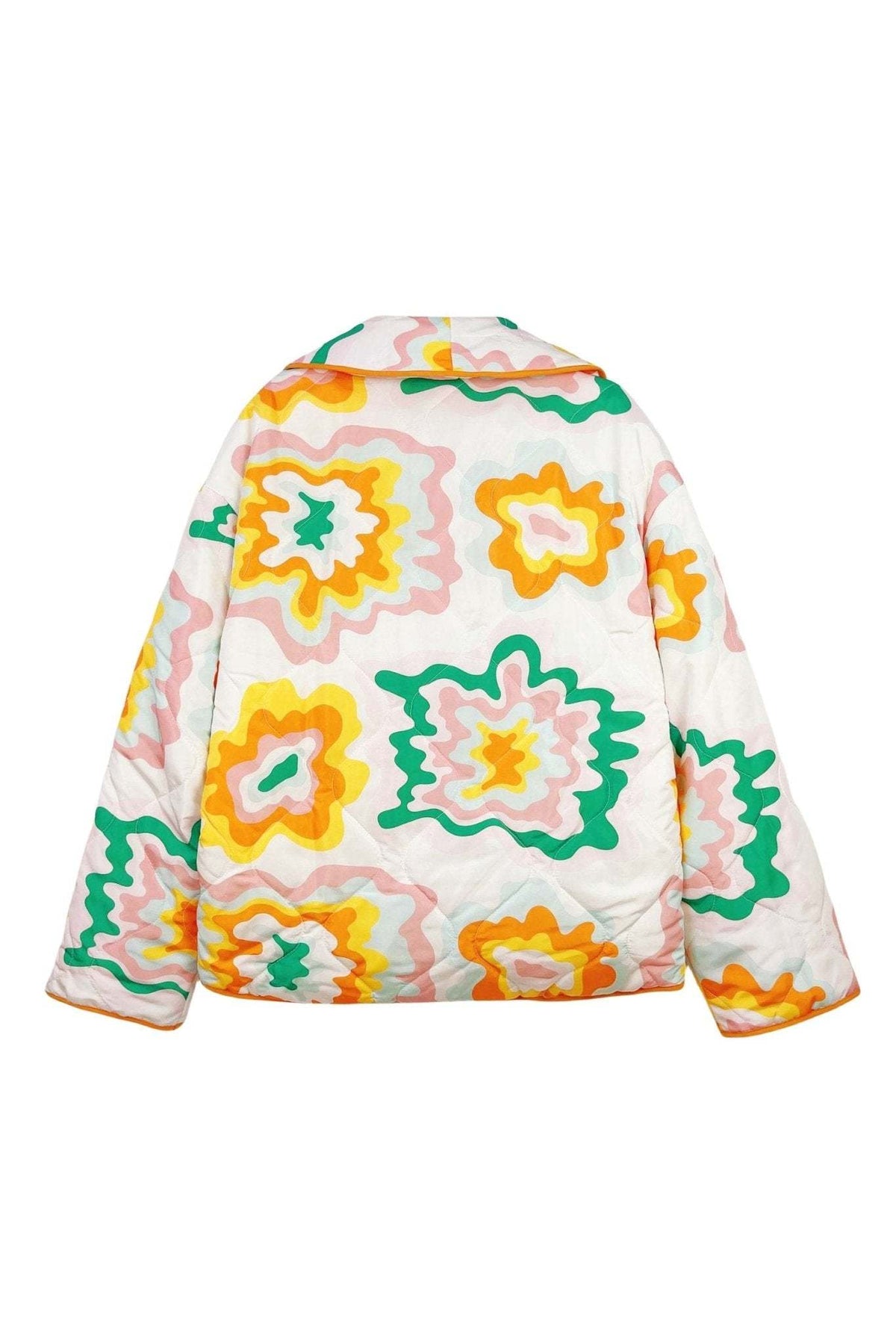 Women's multicoloured quilted floral jacket with orange edging and patch pockets