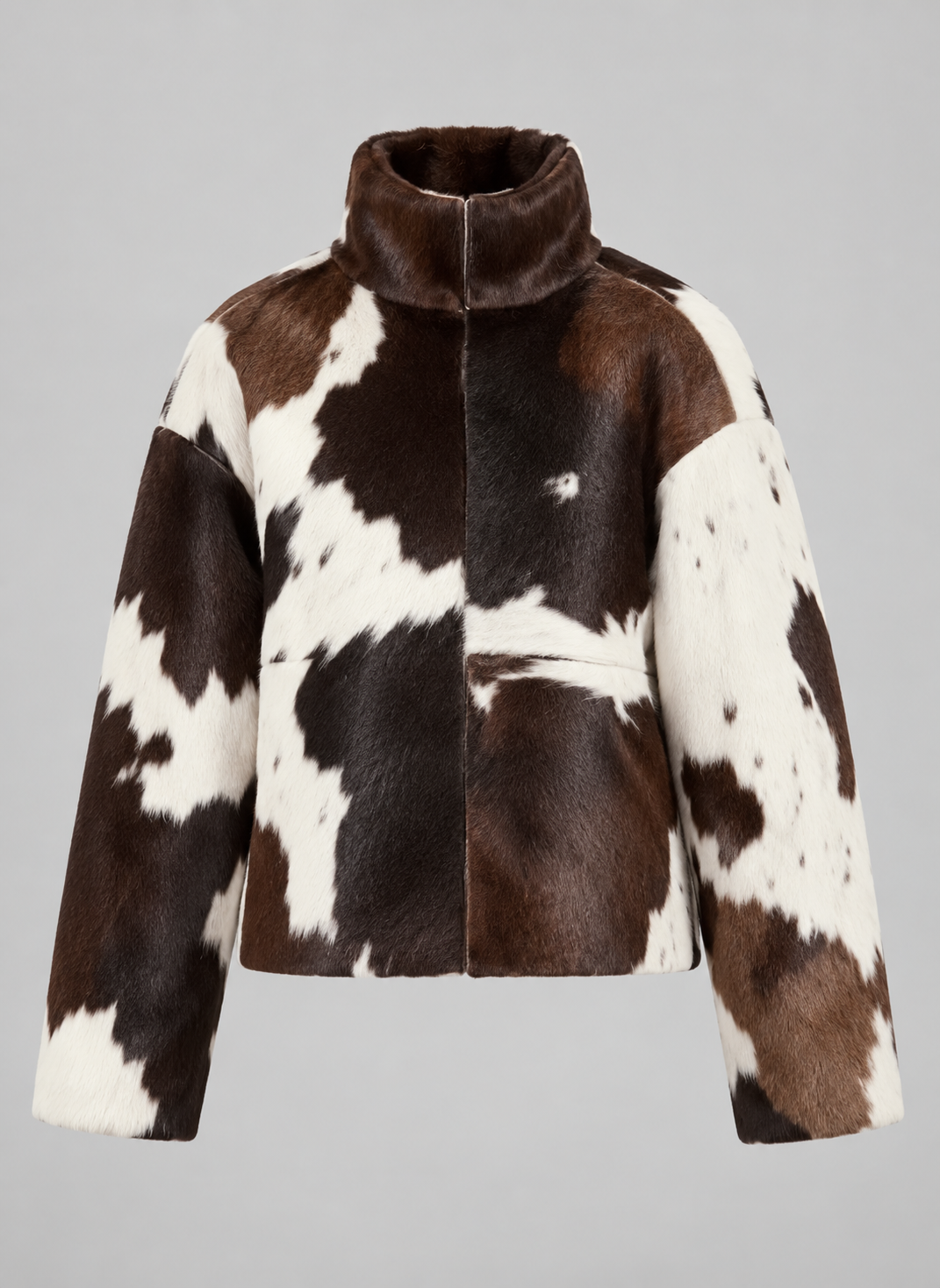 Women's brown, black and cream cow print faux fur jacket with stand collar