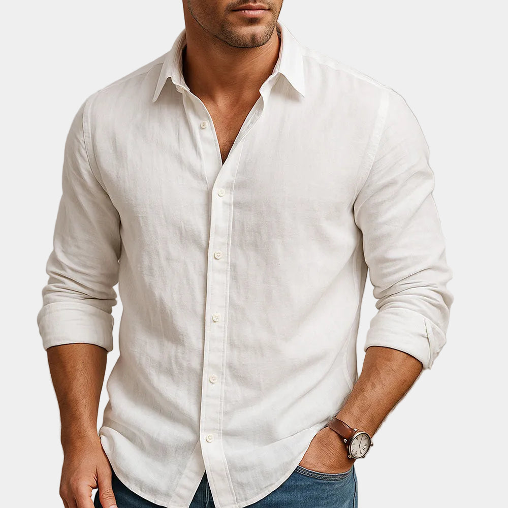 Men's long-sleeve button-up shirt with pointed collar and curved hem