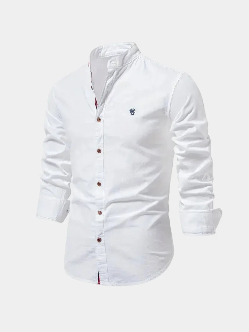 Men's long-sleeve Mandarin collar button shirt with curved hem