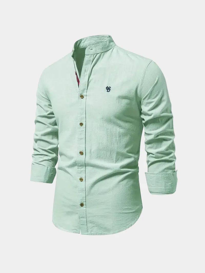 Men's long-sleeve Mandarin collar button shirt with curved hem