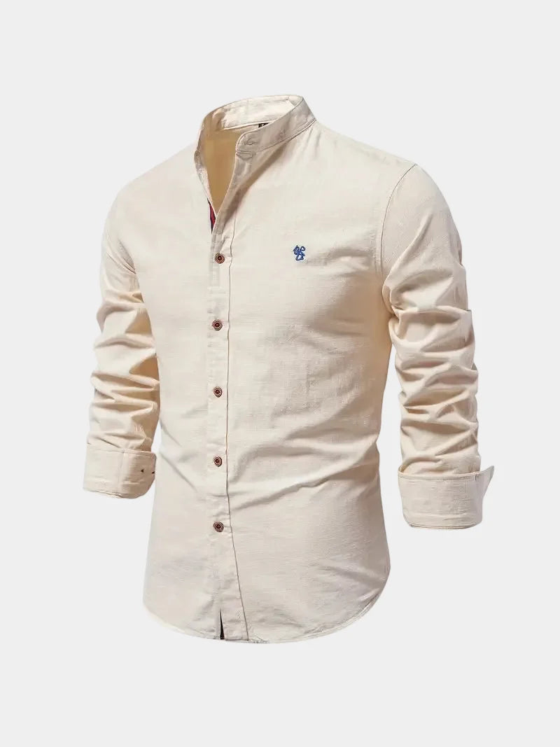 Men's long-sleeve Mandarin collar button shirt with curved hem