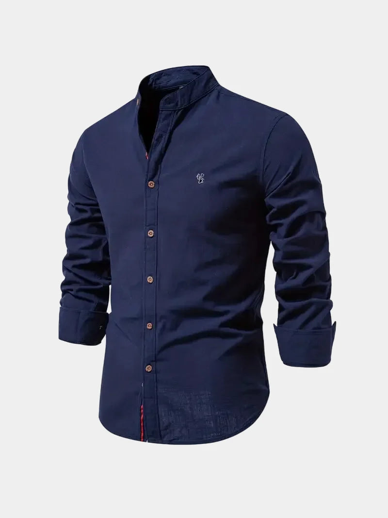 Men's long-sleeve Mandarin collar button shirt with curved hem