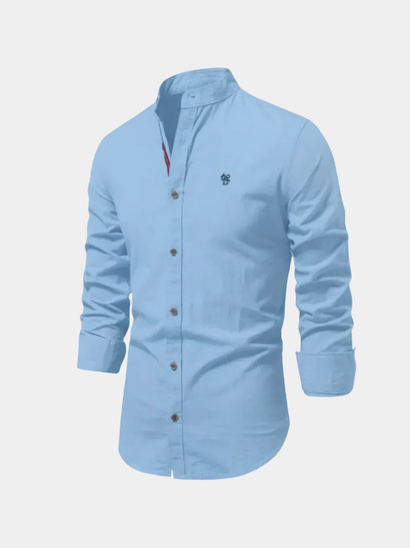 Men's long-sleeve Mandarin collar button shirt with curved hem