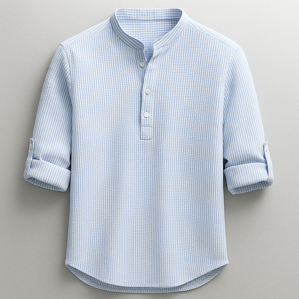 Men's mandarin collar shirt with button placket and rolled sleeves