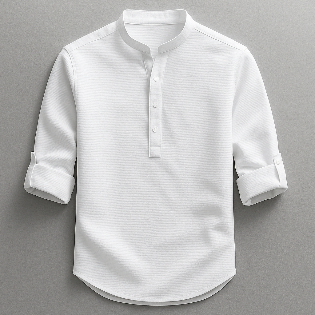 Men's mandarin collar shirt with button placket and rolled sleeves