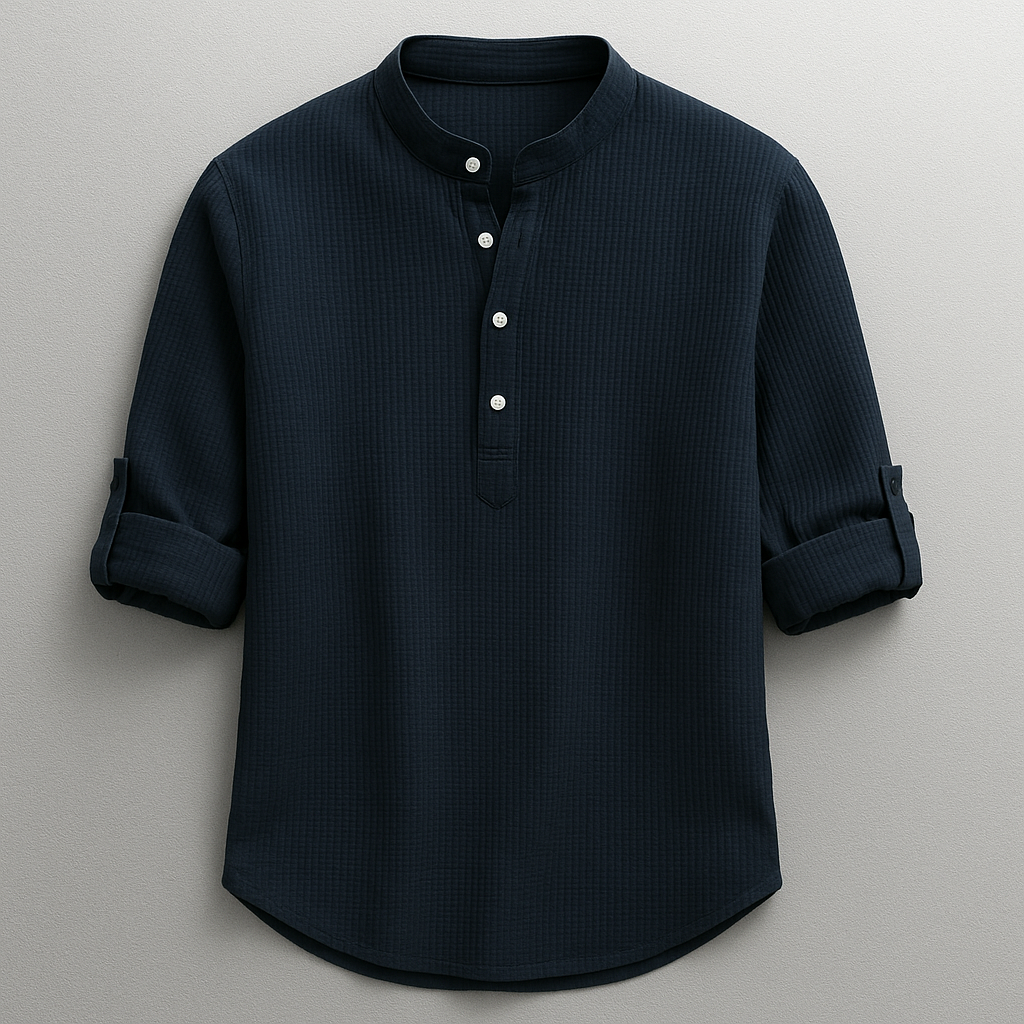 Men's mandarin collar shirt with button placket and rolled sleeves