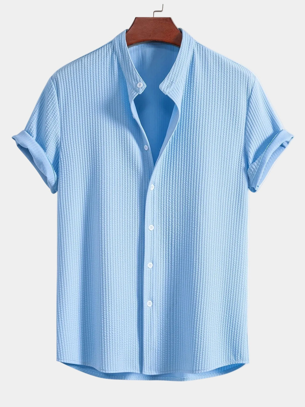 Men's textured short-sleeve shirt with mandarin collar and button front