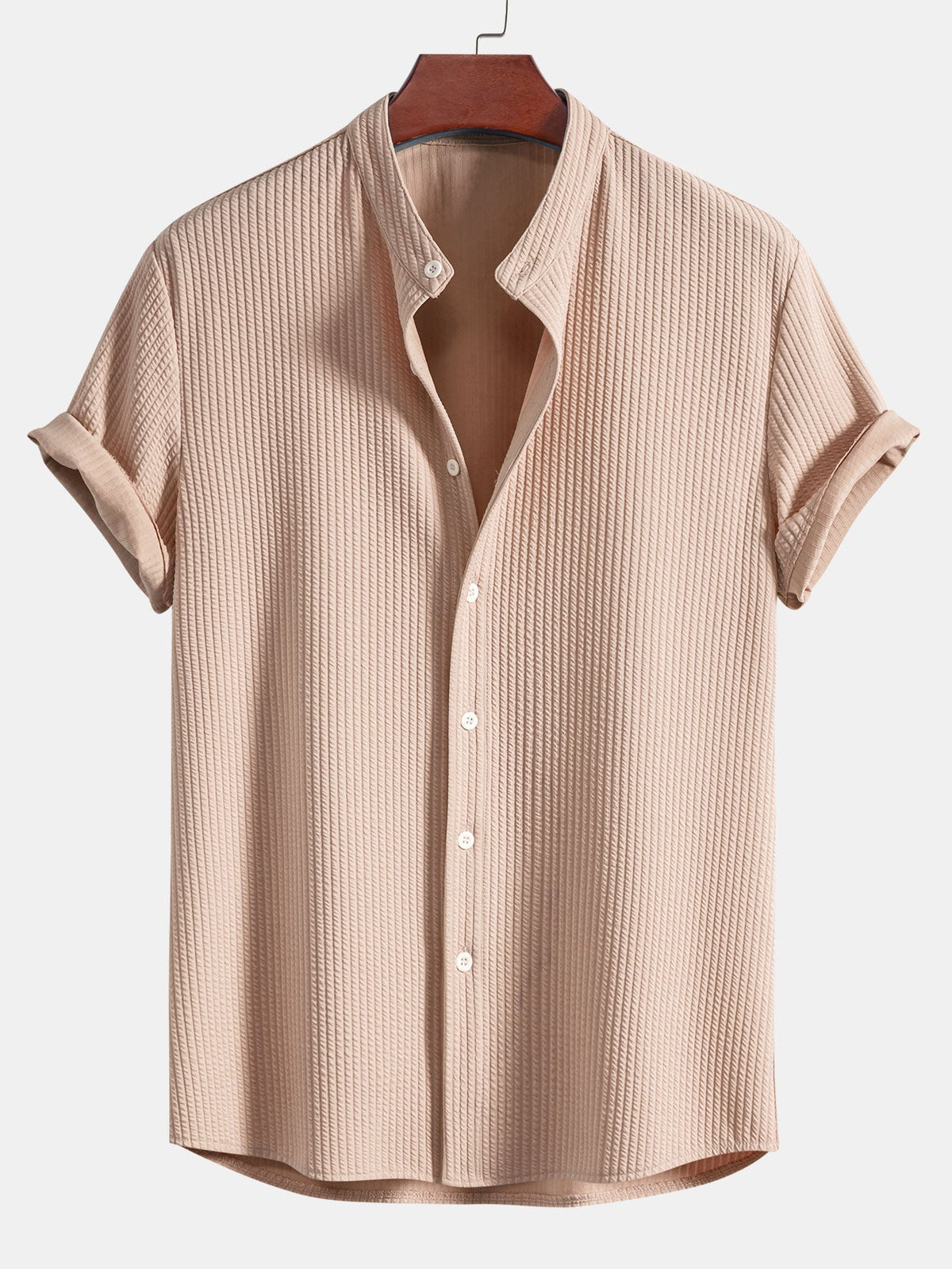 Men's textured short-sleeve shirt with mandarin collar and button front