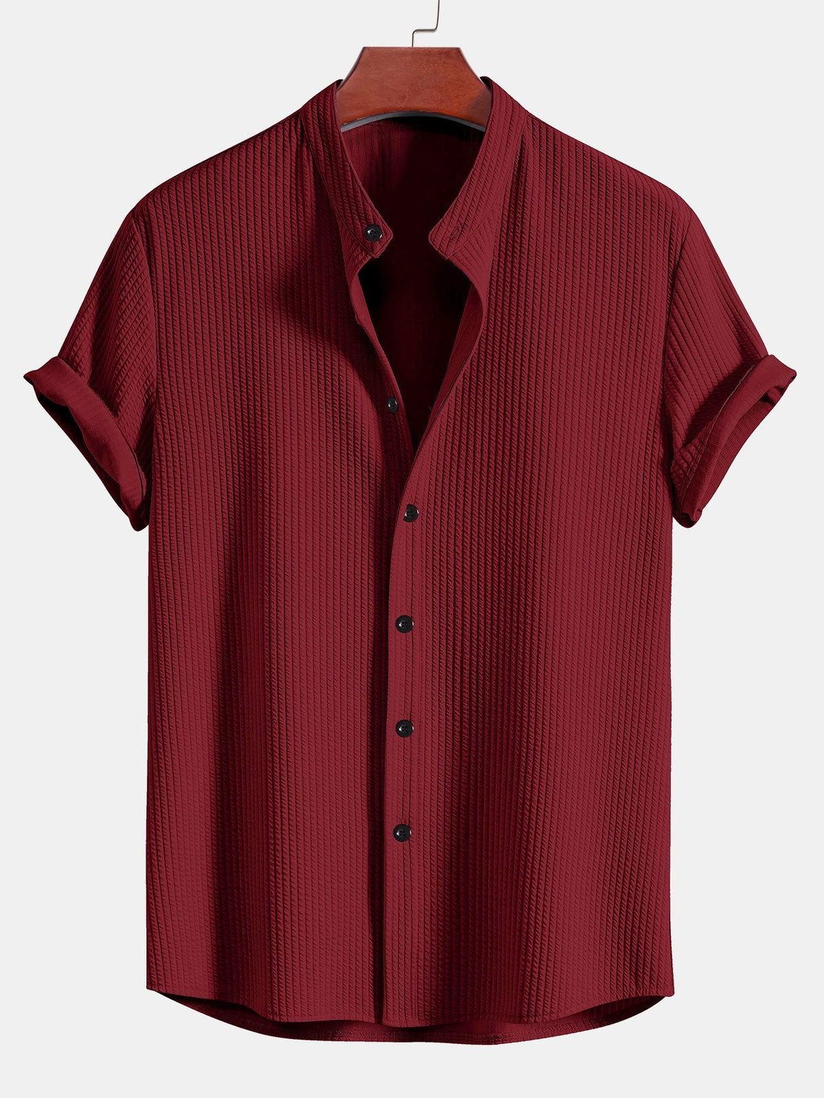 Men's textured short-sleeve shirt with mandarin collar and button front