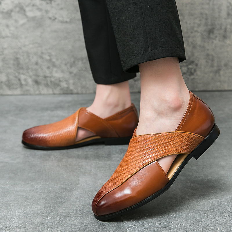 Men's two-tone textured slip-on loafer with rounded toe and flat sole