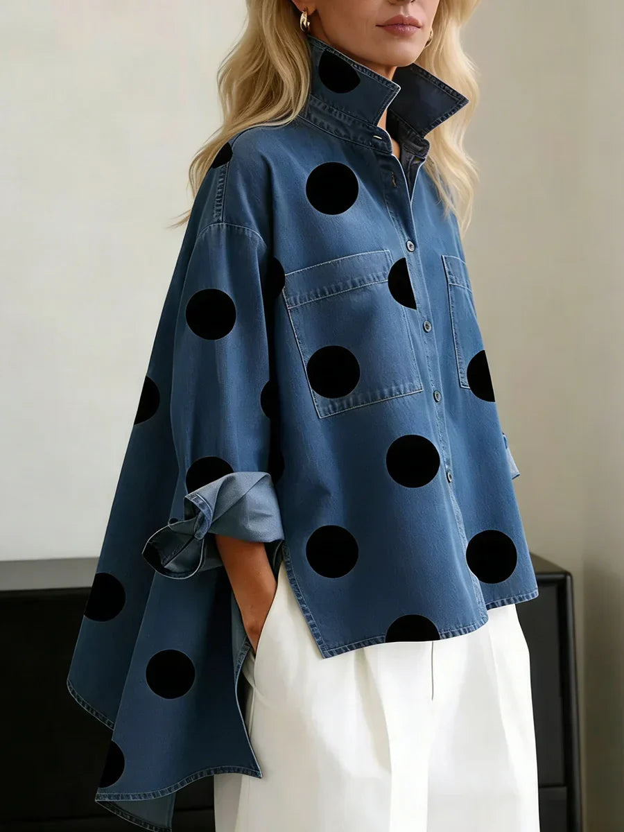Women's polka dot button-up shirt with Mandarin collar, long sleeves and chest pockets