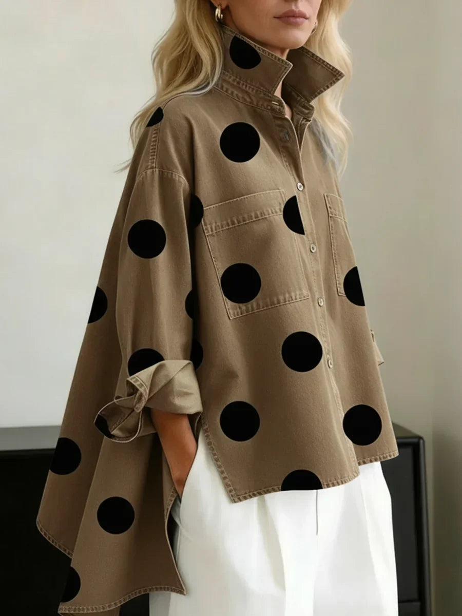Women's polka dot button-up shirt with Mandarin collar, long sleeves and chest pockets
