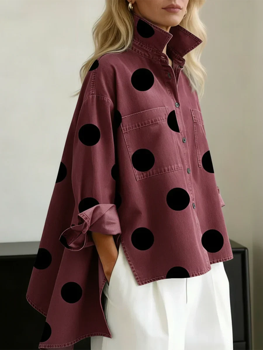 Women's polka dot button-up shirt with Mandarin collar, long sleeves and chest pockets