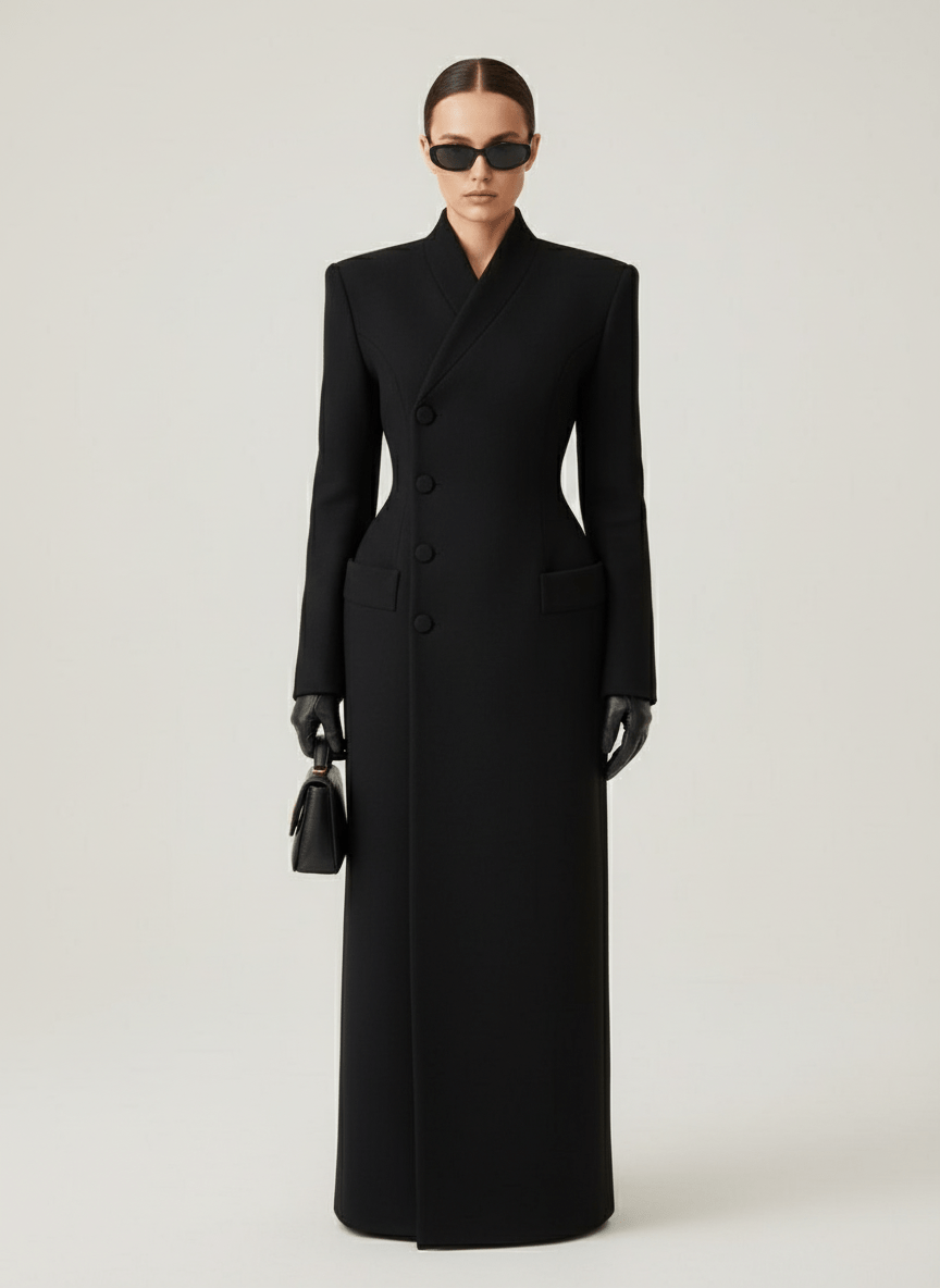 Women's black tailored maxi coat with high collar and button front