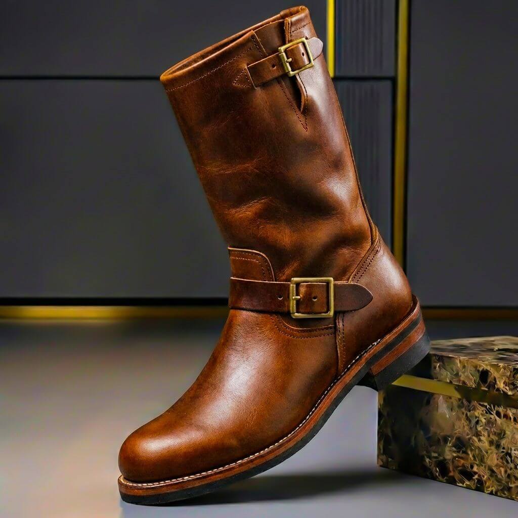 Men's tall boots with rounded toes, low heels and buckle straps