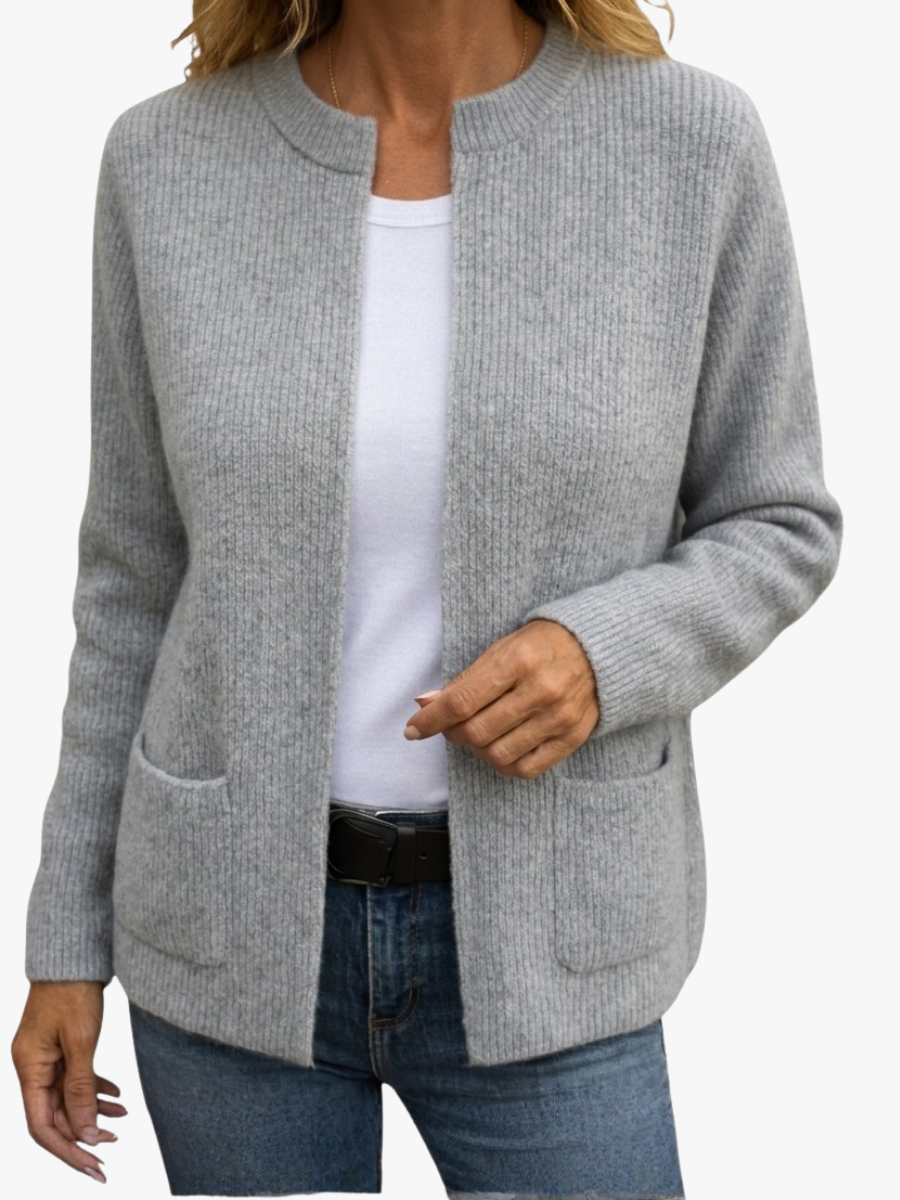 Women's ribbed knit cardigan with crew neck, long sleeves and front patch pockets