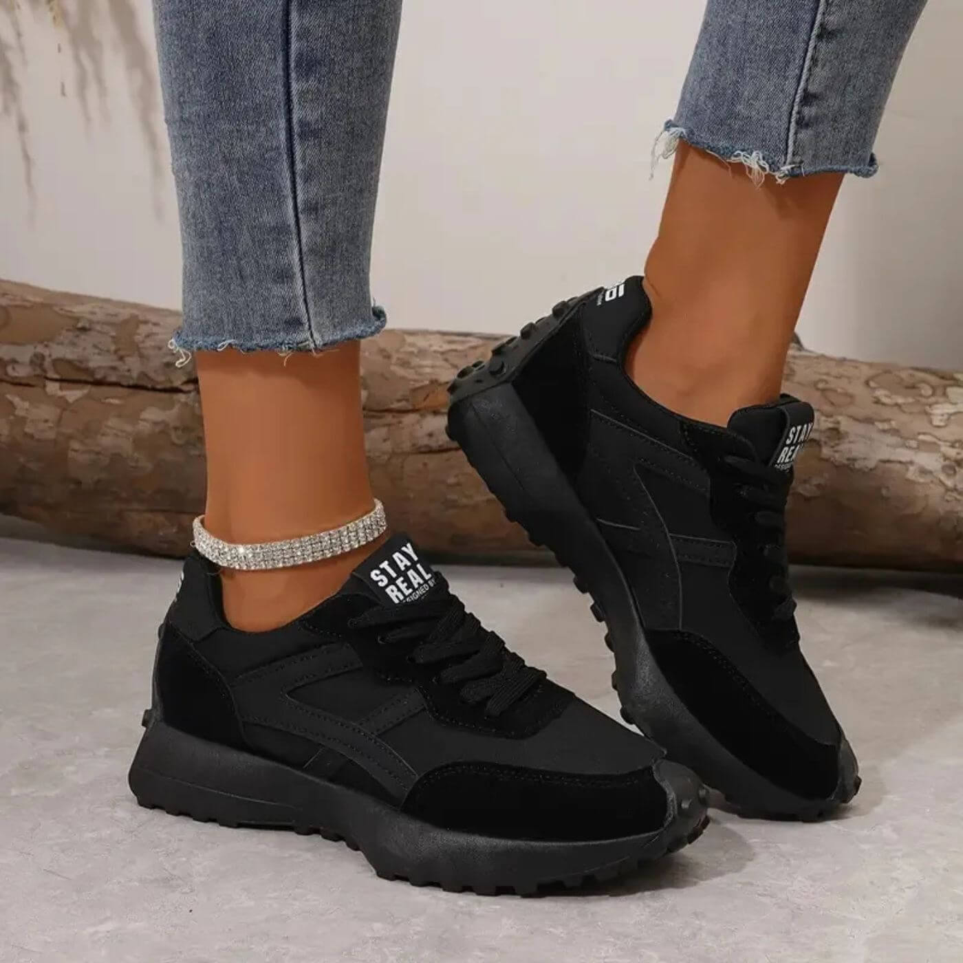Women's Trainers Lace-Up Chunky Sole Colour-Block - Black