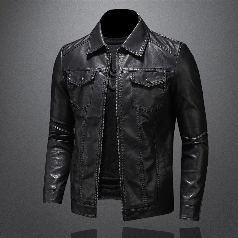 Men's black jacket with pointed collar, zip front and flap chest pockets