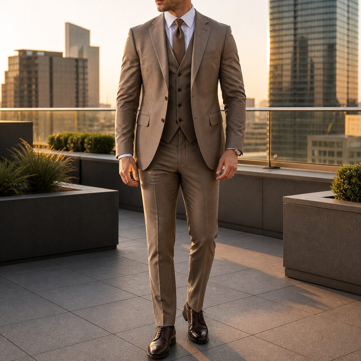 Men's three-piece suit with two-button jacket, waistcoat and tailored trousers