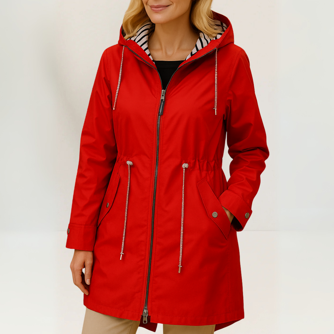 Women's hooded longline parka jacket with striped hood lining, zip front and drawstring waist
