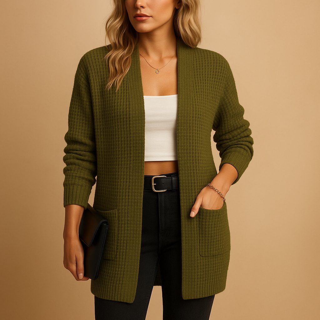 Women's long ribbed cardigan with open front, long sleeves and front patch pockets