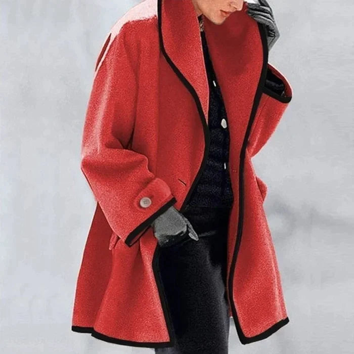 Women's contrast trim coat with wide lapel collar and long sleeves