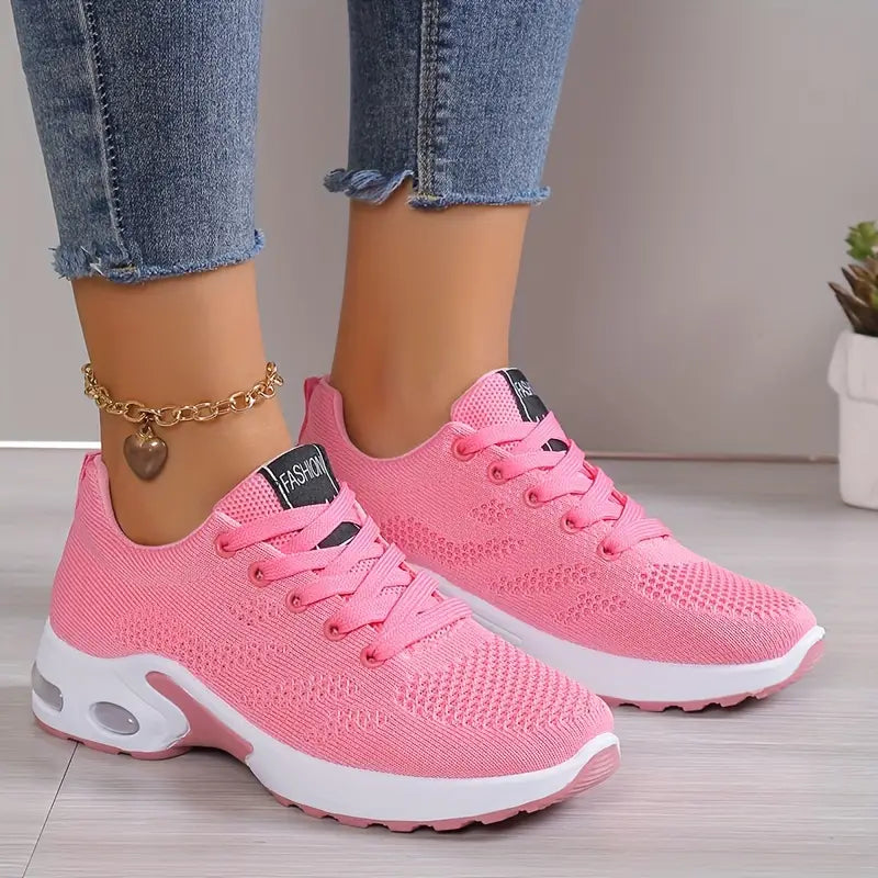 Women's Knit Trainers Lace-Up Air Cushion Platform - Pink