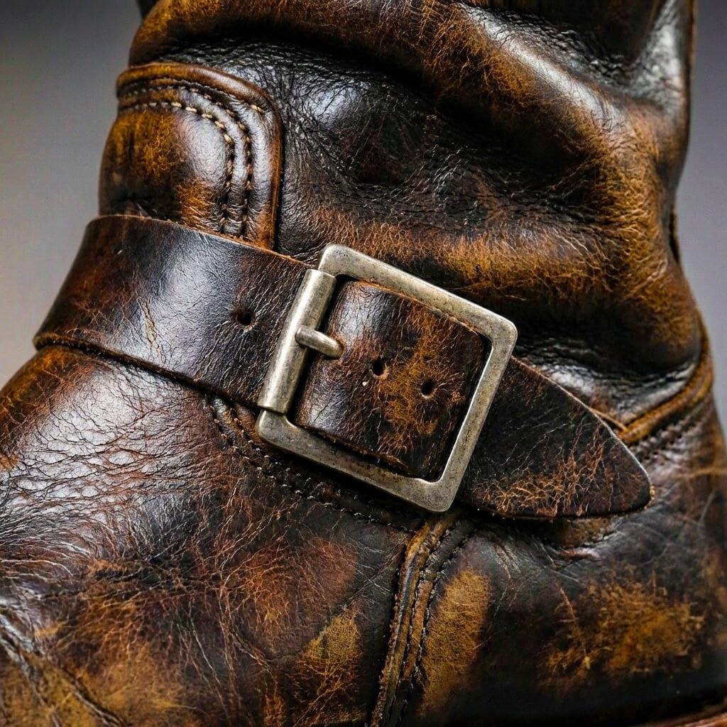 Men's tall boots with rounded toes, low heels and buckle straps