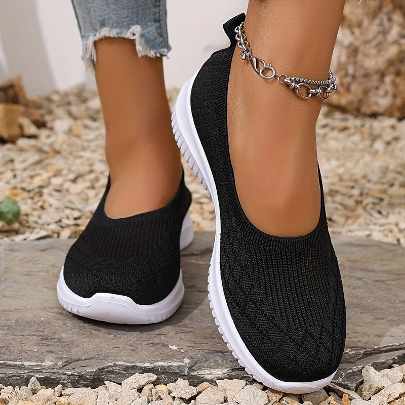 Women's geometric knit slip-on shoes with closed round toes and white ridged soles