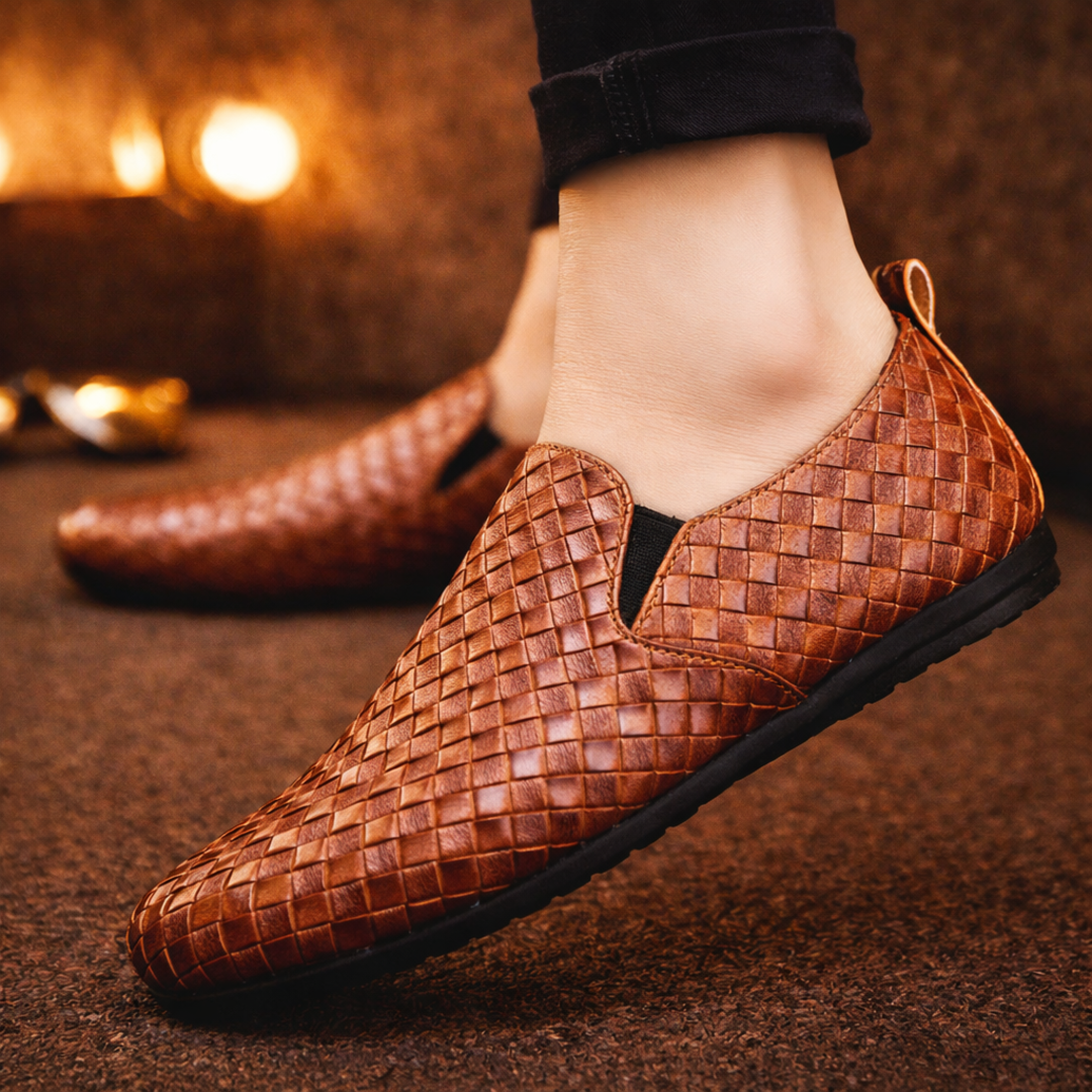 Men's woven slip-on loafers with rounded toes and flat soles