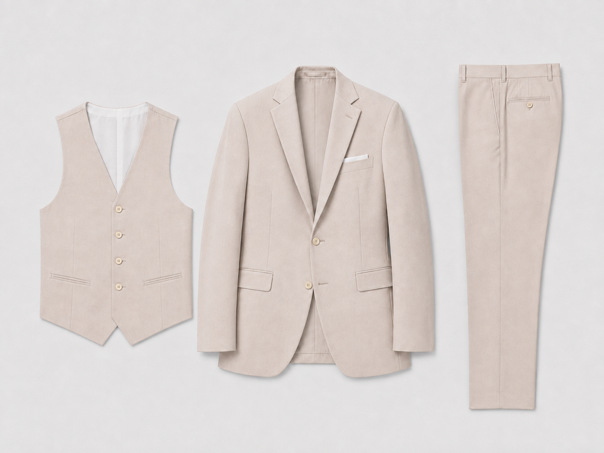 Men's three-piece suit with notch lapel jacket, waistcoat and matching trousers