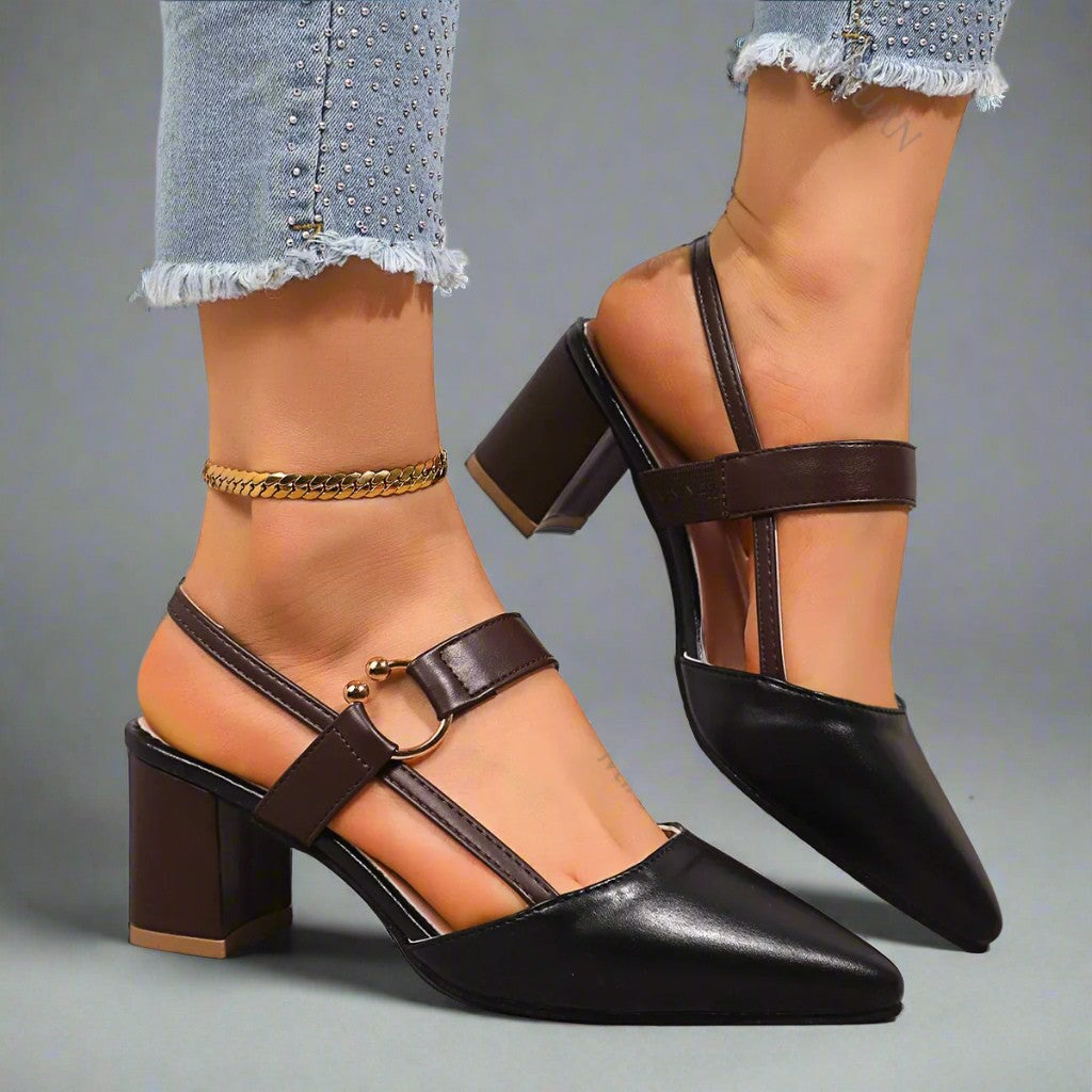 Women’s Pointed-Toe Slingback Heels | Adjustable Strap Block Heel Court Shoes