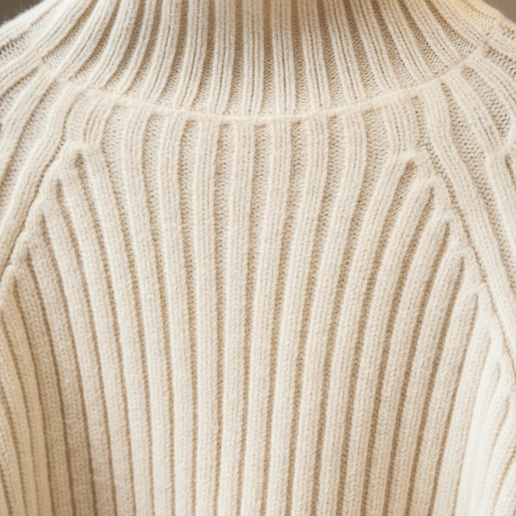 Women's winter knitwear set with ribbed turtleneck sweater, padded gilet and cable-knit trousers