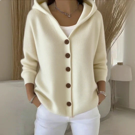 Women's hooded long-sleeve button cardigan with ribbed knit finish and side pockets