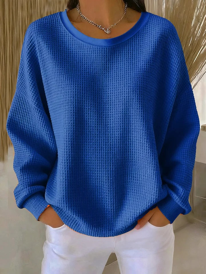 Women's long-sleeve waffle-knit crew-neck jumper with ribbed trims