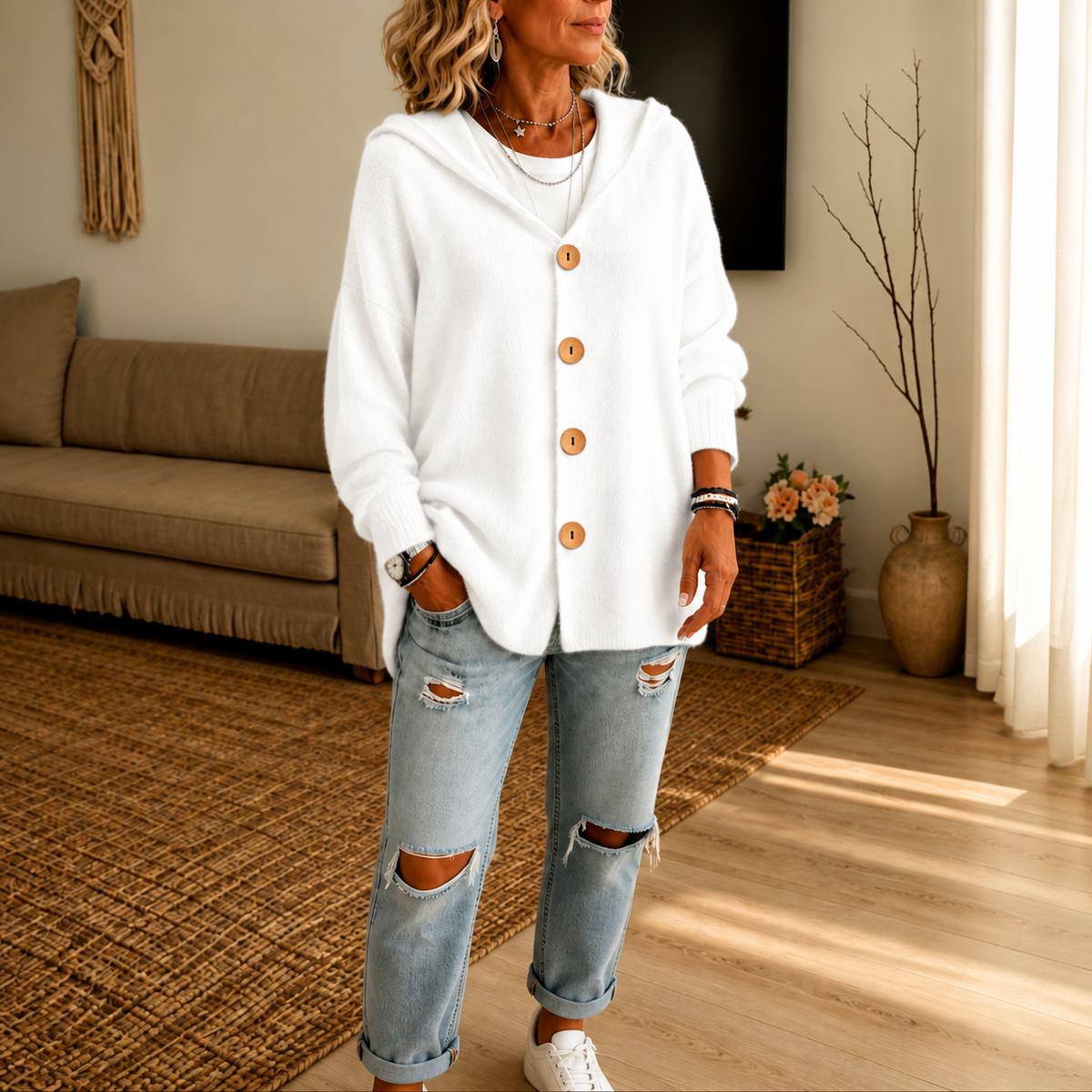 Women's hooded waffle-knit cardigan with button front and ribbed cuffs