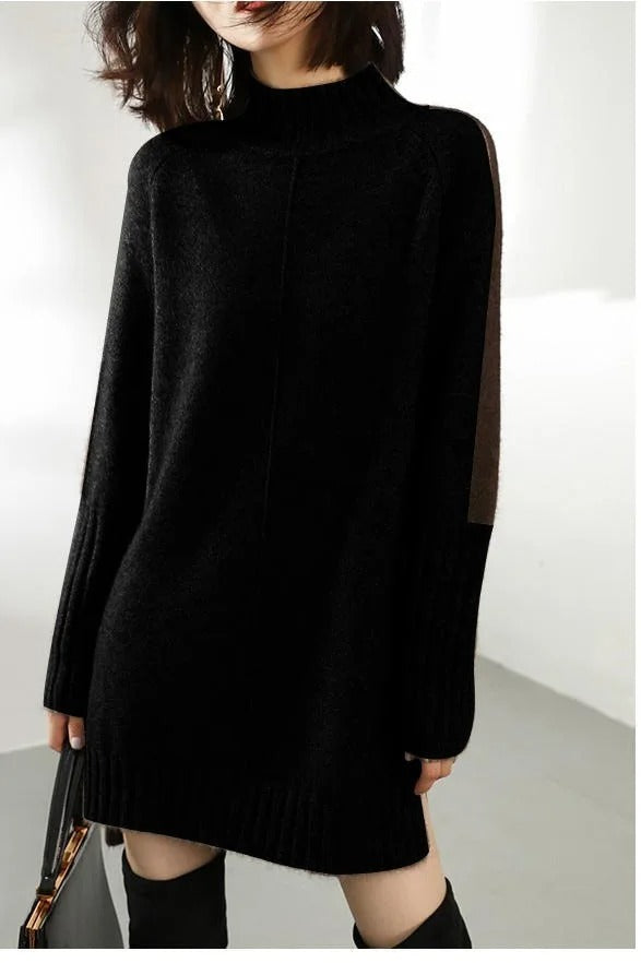Women's long-sleeved turtleneck sweater mini dress with ribbed cuffs and hem