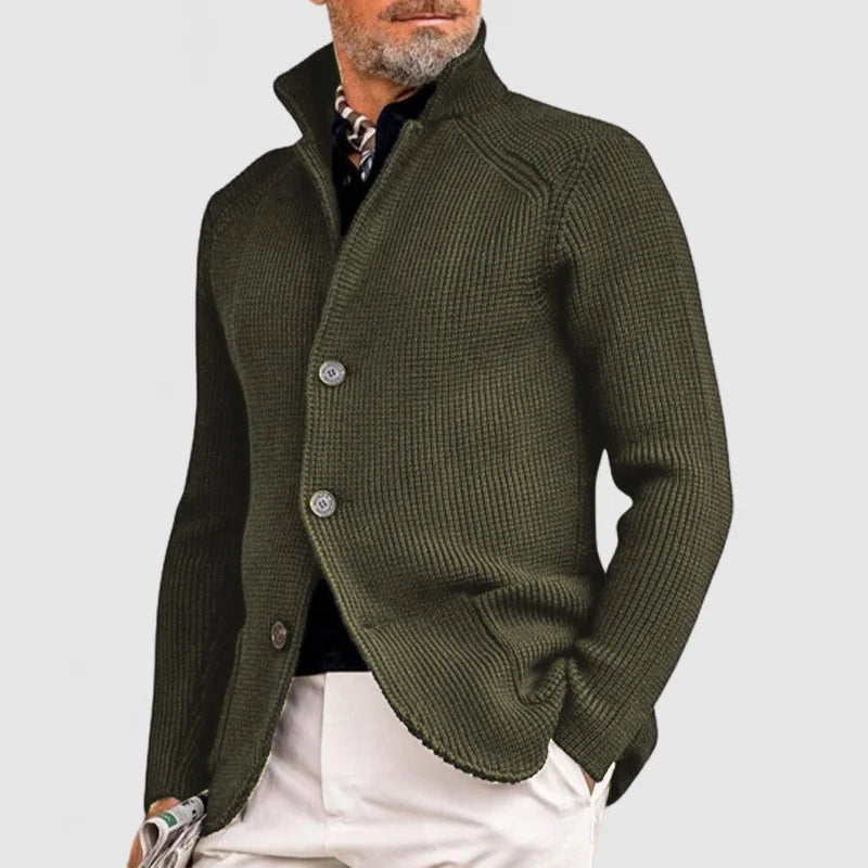 Men's textured knitted cardigan with mock neck, button front and pockets
