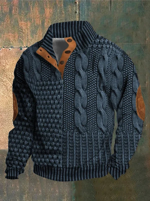Men's textured cable knit jumper with mock neck, button placket and contrasting elbow patches