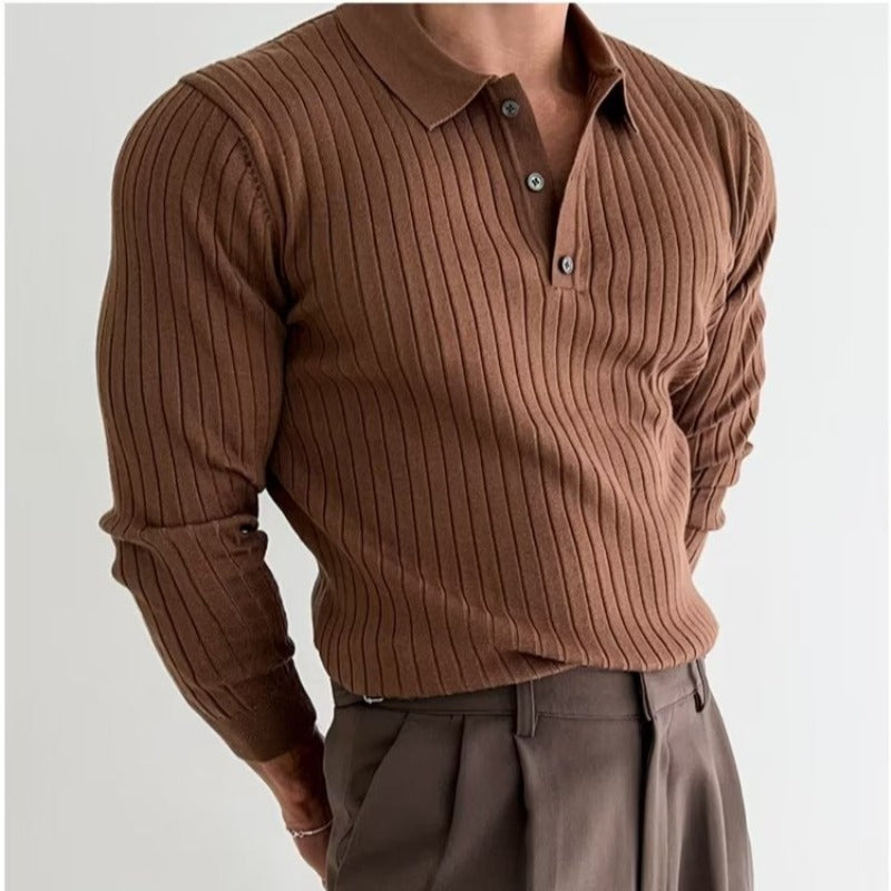 Men's ribbed polo sweater with lapel collar and long sleeves
