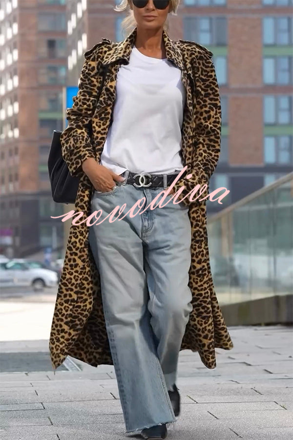 Women's long leopard print coat with lapel collar and long sleeves