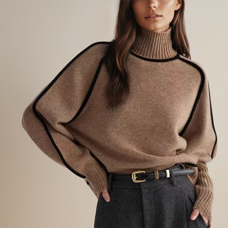 Women's mock neck jumper with contrast piping and long sleeves