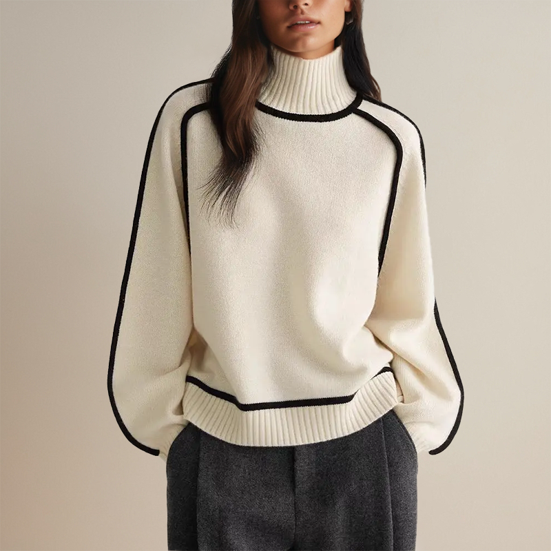 Women's mock neck jumper with contrast piping and long sleeves