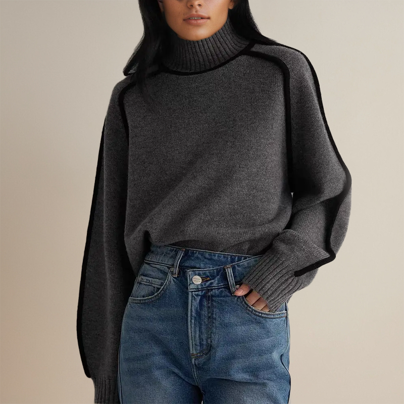 Women's mock neck jumper with contrast piping and long sleeves