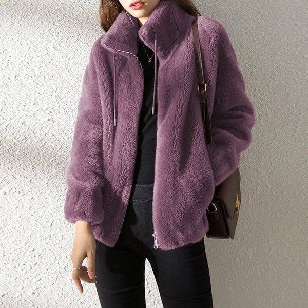 Women's textured fleece jacket with stand collar, zip front and long sleeves