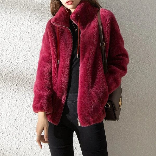 Women's textured fleece jacket with stand collar, zip front and long sleeves